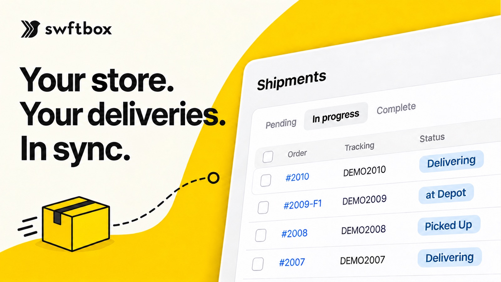 swftbox Hub shipments list inside Shopify: orders in progress, tracking numbers and delivery status