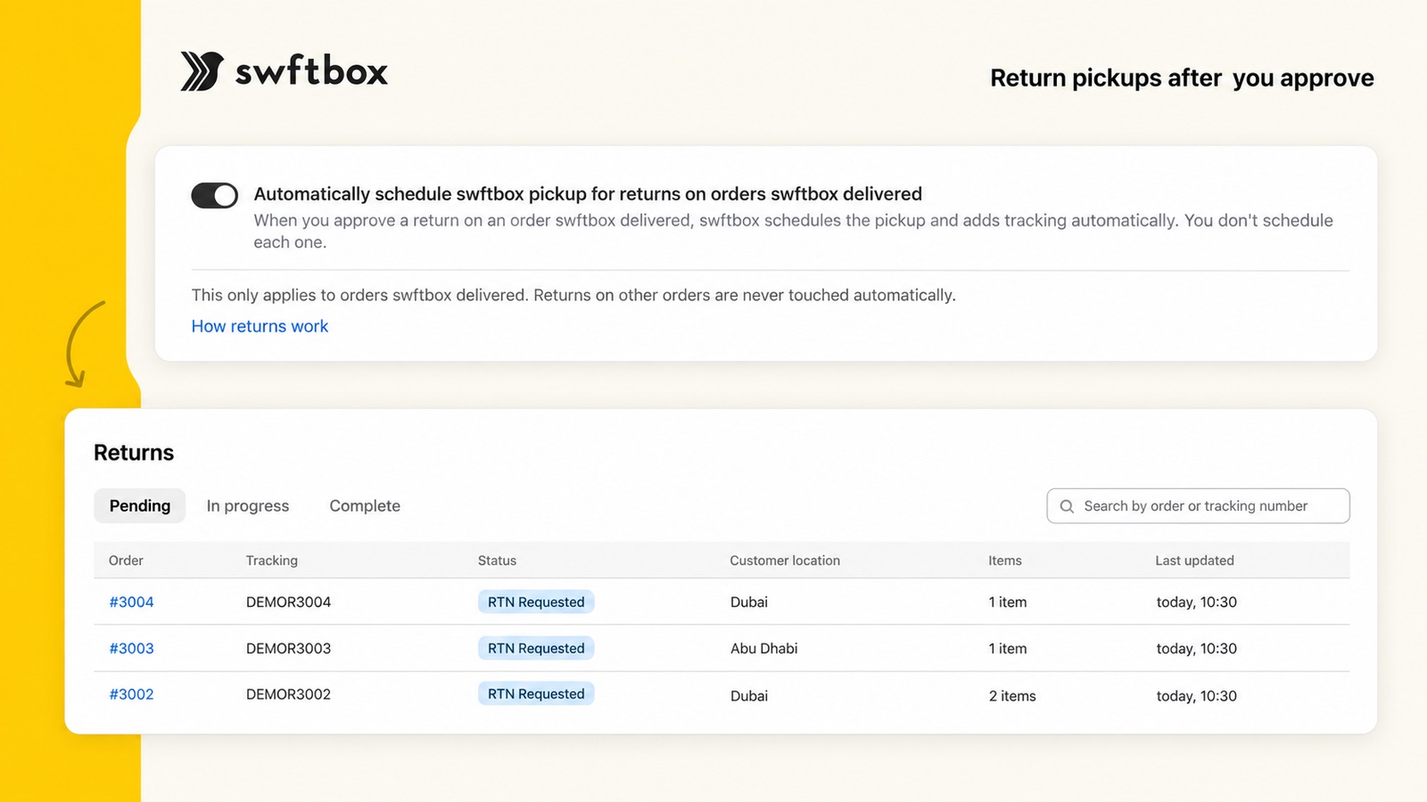 swftbox Hub returns: automatic pickup scheduling and a list of pending returns