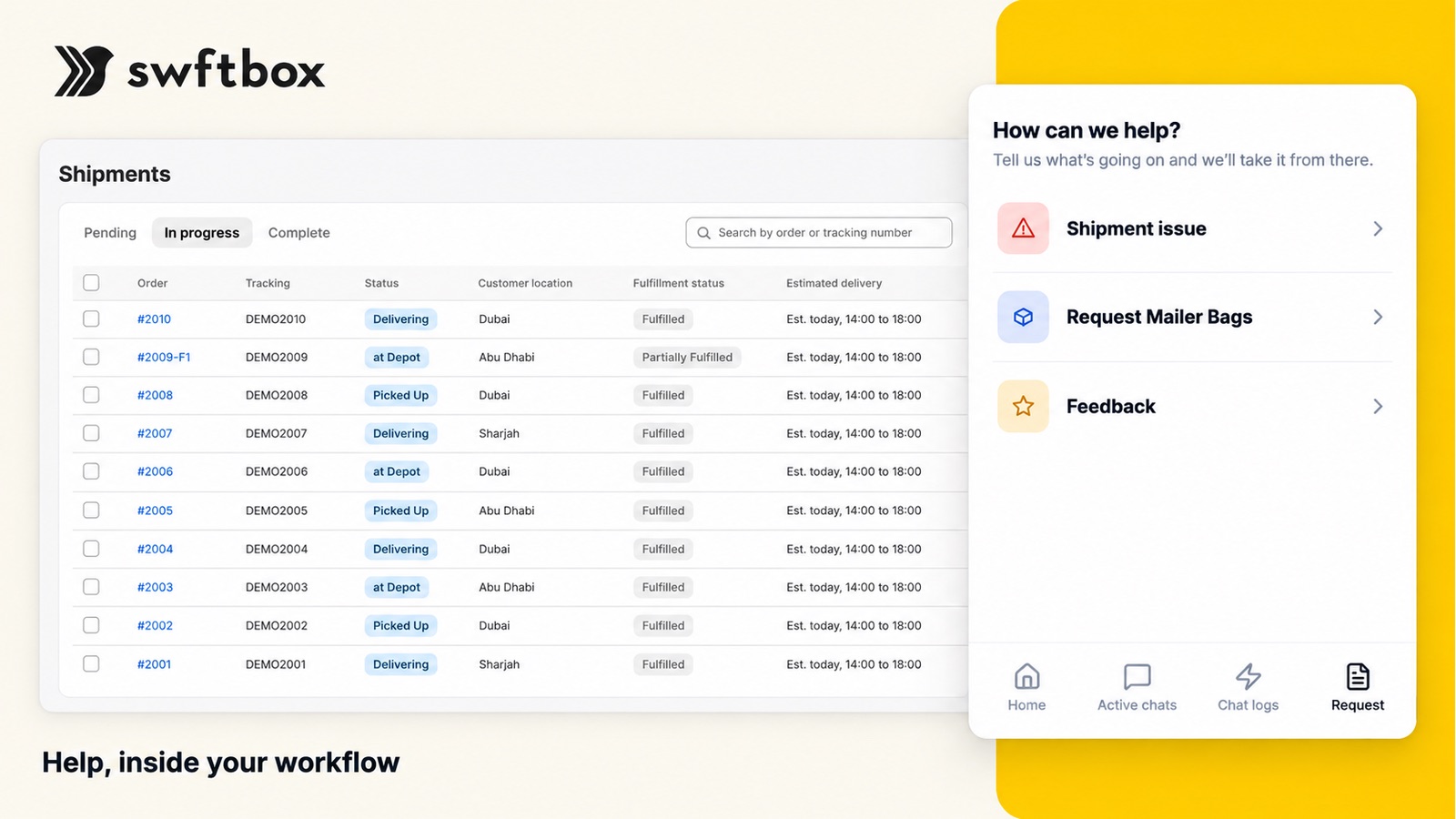 swftbox Hub shipments list with a support panel for shipment issues, mailer bags and feedback